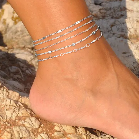 Stainless Steel Multilayer Layered Anklets For Women Cuban Snake Link Chain Minimalist Summer Beach Jewelry Accessories