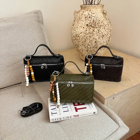 Women's Woven Small Square Bag Korean Niche Crossbody Bag Light Luxury Handbag Lattice Stitching PU Purse With Wooden Bead Charm