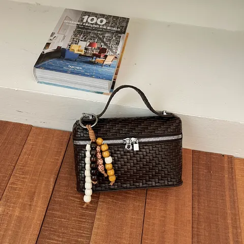 Women's Woven Small Square Bag Korean Niche Crossbody Bag Light Luxury Handbag Lattice Stitching PU Purse With Wooden Bead Charm