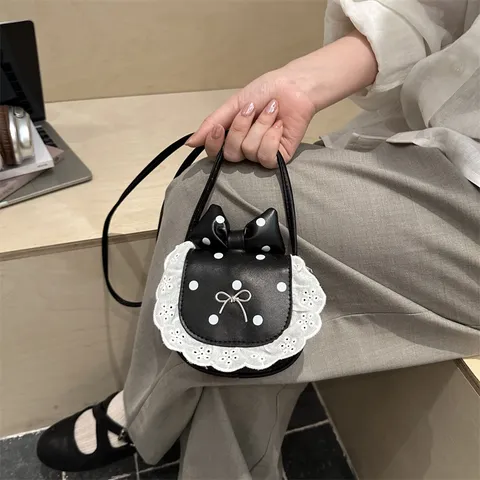 Cute PU Leather Polka Dot Mini Crossbody Bag with Lace Trim Bowknot Details Sweet Princess Style Shoulder Purse For Women