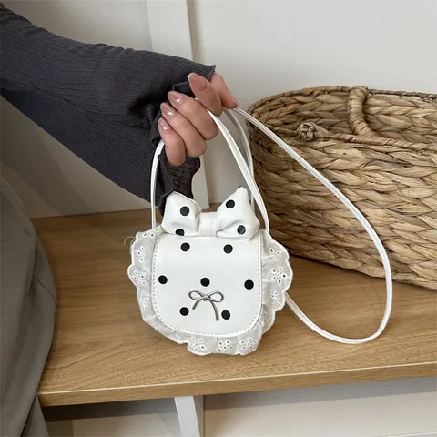 Cute PU Leather Polka Dot Mini Crossbody Bag with Lace Trim Bowknot Details Sweet Princess Style Shoulder Purse For Women