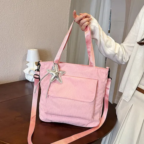 Women Fashion Large Capacity Tote Bag Star Print Corduroy Canvas Shoulder Bag Versatile Commuter Handbag With Star Pendant