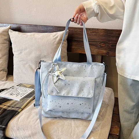 Women Fashion Large Capacity Tote Bag Star Print Corduroy Canvas Shoulder Bag Versatile Commuter Handbag With Star Pendant