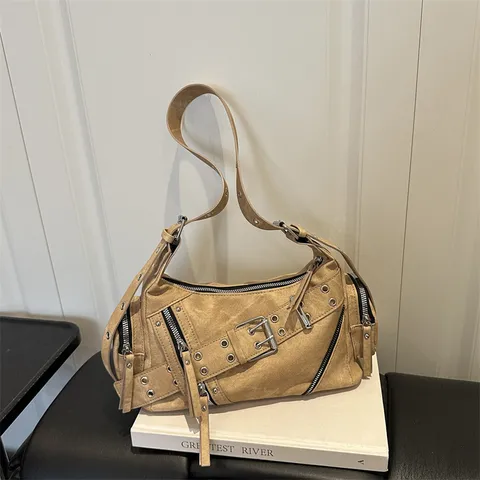 Vintage Motorcycle PU Leather Underarm Bag For Women Retro Y2K Punk Multi Zipper Belt Buckle Spliced Shoulder Crossbody Bag