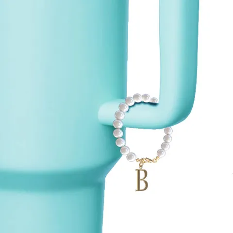 Catena con Pendente a 26 Lettere in Acciaio Inossidabile per Tazza Borraccia Oro Argento Portachiavi Perla Artificiale