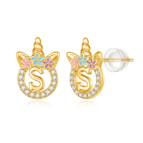 Orecchini a Lobo Unicorno 26 Lettere Iniziali Rame Zirconia Colorati Fiori in Smalto Orecchini Perno in Argento S925 Gioielli Moda Donna Iniziale