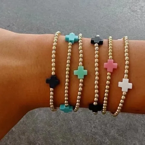 Braccialetto Elastico da Donna in Lega e Cordino con Perline Stile Minimalista Geometrico Perle Metalliche Dorate Ciondolo a Croce Gioielli Regalo