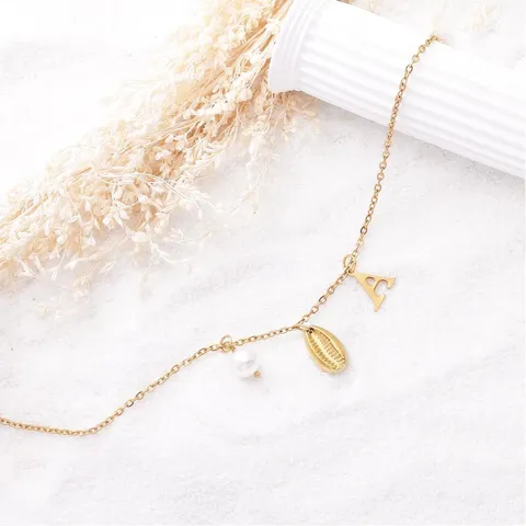Stainless Steel Initial Letter Shell Artificial Pearl Anklet For Women Gold Adjustable Summer Beach Jewelry Ankle Bracelet