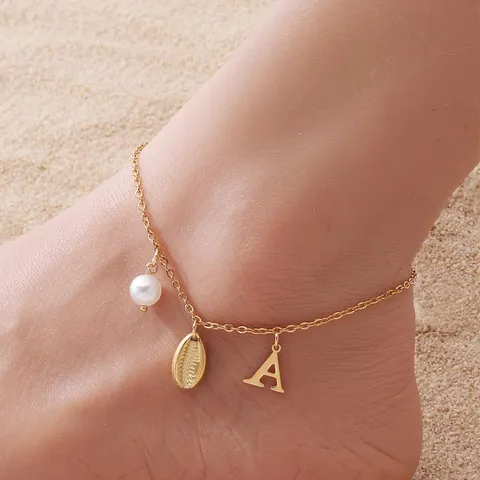 Stainless Steel Initial Letter Shell Artificial Pearl Anklet For Women Gold Adjustable Summer Beach Jewelry Ankle Bracelet