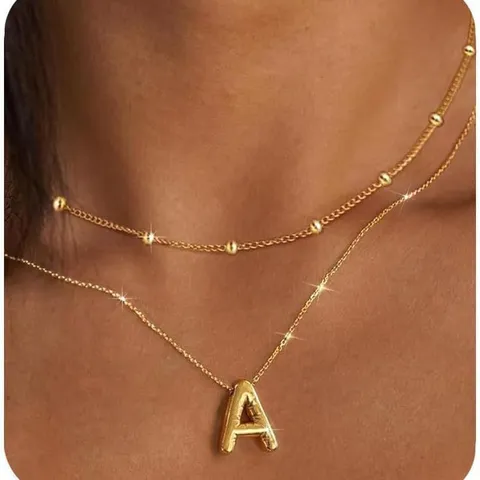 Collana con Iniziale a Strati Placcata in Oro 14K per Donna Collana con Ciondolo a Lettera Bolla Puffy Catena con Perline Gioielli Retrò Moda