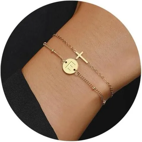 Bracciale Iniziale Oro da Donna Doppio Strato a Strati con Lettera di Perline Braccialetto in Acciaio Inossidabile con Croce Gioielli Regalo