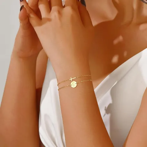 Bracciale Iniziale Oro da Donna Doppio Strato a Strati con Lettera di Perline Braccialetto in Acciaio Inossidabile con Croce Gioielli Regalo
