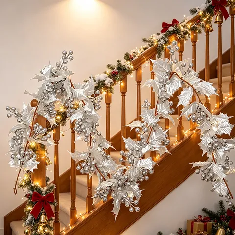 Artificial Christmas Berry Garland PVC Glitter Multipronged Berry Vine For Window Door Mantle Decoration Festive Holiday Home Decor