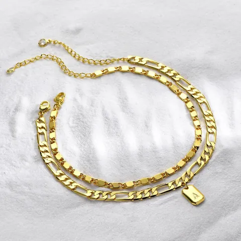 Stainless Steel Double Layer Initial Anklet For Women Gold Plated Cuban Link Heart Letter Pendant Anklet Rhinestone Foot Chain Jewelry