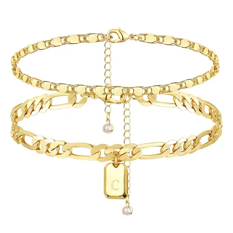 Stainless Steel Double Layer Initial Anklet For Women Gold Plated Cuban Link Heart Letter Pendant Anklet Rhinestone Foot Chain Jewelry