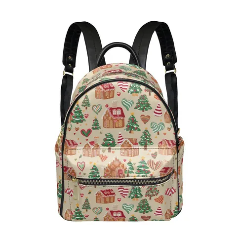 Mochila de Cuero PU para Mujer Navidad Gran Capacidad Moda Casual Viaje Bolso de Hombro Estampado Casa de Jengibre Regalo