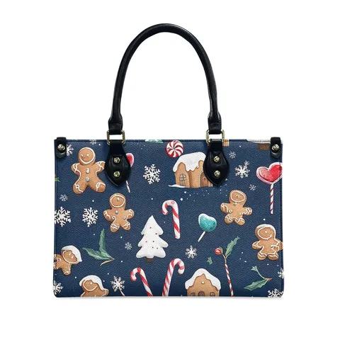 Women PU Leather Christmas Gingerbread Man Print Tote Handbag Large Capacity Crossbody Single Shoulder Bag Festive Daily Gift Casual Bag