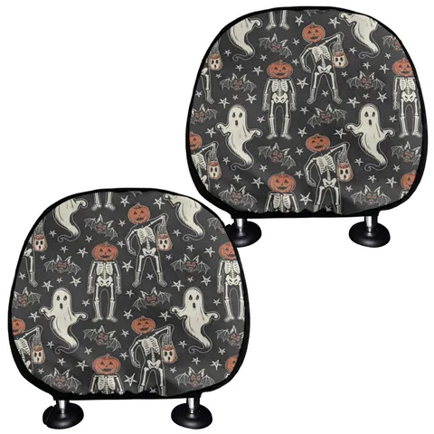 Halloween Pumpkin Ghost Print Car Headrest Covers Polyester Breathable Soft Vehicle Seat Pillow Protective Cover Universal Fit Accessory For Auto Interior Decor