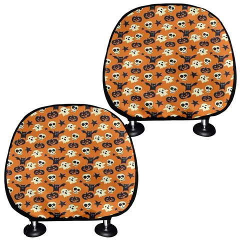 Halloween Pumpkin Ghost Print Car Headrest Covers Polyester Breathable Soft Vehicle Seat Pillow Protective Cover Universal Fit Accessory For Auto Interior Decor