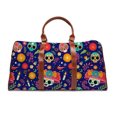 Large Travel Duffel Bag For Women Men Halloween Sugar Skull Christmas Cat Printed Microfiber Waterproof Overnight Weekend Holdall Handbag With Shoulder Strap