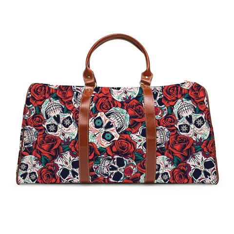 Large Capacity Travel Bag Waterproof Microfiber Duffel Bag Halloween Skull Rose Pattern Weekend Bag For Men Women Overnight Handbag
