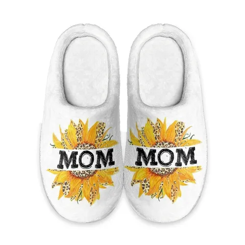 Muttertag Sonnenblume Kariert Bedruckt Warme Plüsch Hausschuhe Rutschfeste TPR Sohle Gemütliche Thermische Baumwolle Futter Home Indoor Flache Hausschuhe Für Unisex