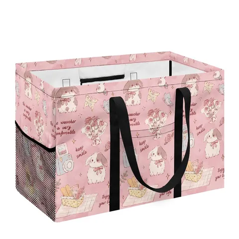 Cesta de Lavandería Plegable de Poliéster Con Estampado de Dibujos Animados Cesta de Almacenamiento Con Bolsillo de Malla Asas Laterales Bolsa de Ropa para Organizador de Hogar Dormitorio Baño