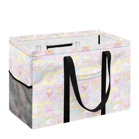 Moderne Panier à Linge Pliable en Poliester Impression Dessin Animé Grande Capacité Bac de Stockage Avec Poignées Poche Latérale en Filet