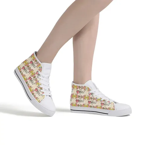 Damen High Top Canvas Schuhe Muttertag Blumen Druck Schnürung Lässig Sneakers Gummisohle Bequeme Wanderschuhe