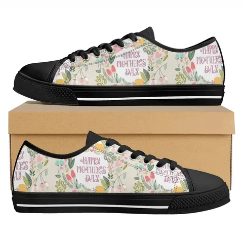 Happy Mother's Day Blumendruck Segeltuch Sneaker Für Damen Herren Low Top Lässige Skateschuhe Rosa Blumen Stoffschuhe