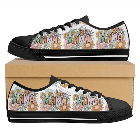 Muttertag Blumen Herz Bedruckt Segeltuch Lässig Low Top Runde Kappe Schnürung Flache Schuhe Für Unisex Alltag Turnschuhe