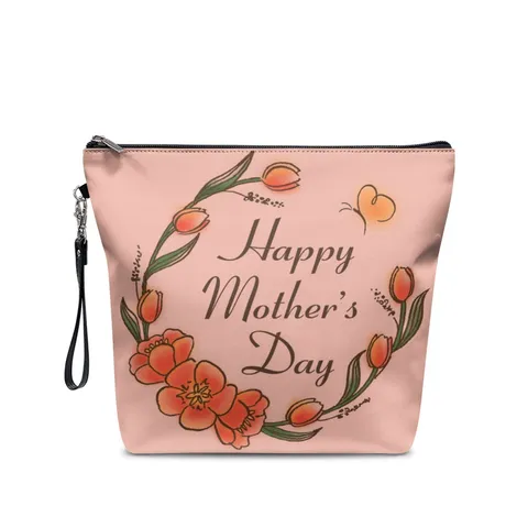 Trousse à Maquillage en Cuir PU Fête des Mères Imprimé Floral Lettre Trousse de Toilette Avec Fermeture Éclair Dragonne pour Voyage