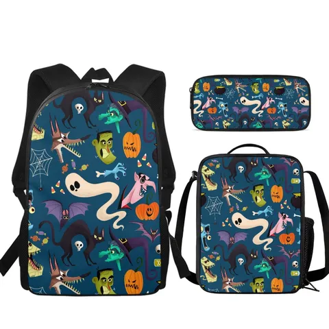 Lindo Juego de Tres Piezas de Mochila Con Estampado de Monstruos de Dibujos Animados Con Bolsa de Almuerzo y Estuche Escolar de Nailon