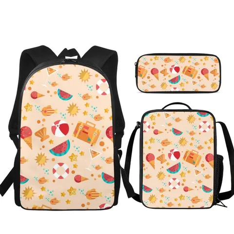 Lindo Juego de Tres Piezas de Mochila Con Estampado de Monstruos de Dibujos Animados Con Bolsa de Almuerzo y Estuche Escolar de Nailon