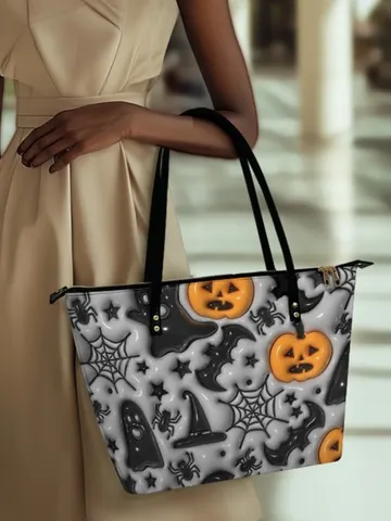 Women PU Leather Tote Bag Large Capacity Halloween Day of the Dead Pumpkin Ghost Skull Print Shoulder Handbag Graphic Purse
