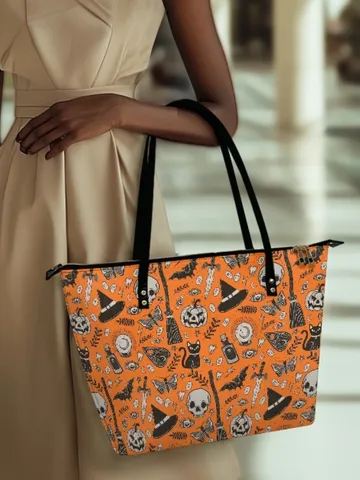 Women PU Leather Tote Bag Large Capacity Halloween Day of the Dead Pumpkin Ghost Skull Print Shoulder Handbag Graphic Purse