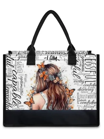 Women Vintage Canvas Tote Bag Large Capacity Shoulder Bag With Inner Zipper Pocket Black Contrast Border Graphic Top Handle Handbag For Daily Travel School