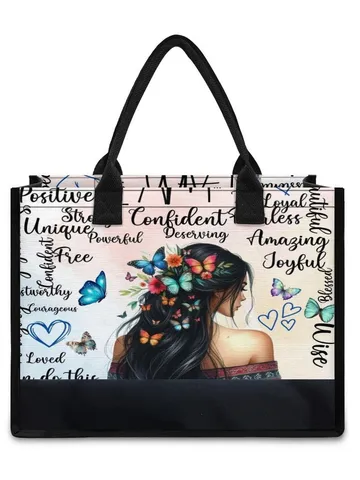 Cartoon Black Girl Canvas Tote Bag Large Capacity Black Trim Shoulder Bag Polyester Lining Daily Travel Handbag For Women