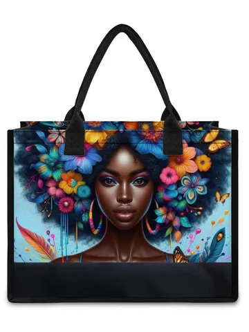 Artistic Black Girl Floral Print Canvas Tote Bag Large Capacity Waterproof Shoulder Bag With Zipper Pocket For Women