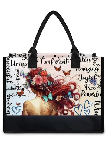 Women Vintage Canvas Tote Bag Large Capacity Shoulder Bag With Inner Zipper Pocket Black Contrast Border Graphic Top Handle Handbag For Daily Travel School