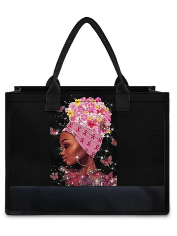 Women's Black Girl Graphic Canvas Tote Bag Large Capacity Polyester Shoulder Bag Casual Shopping Bag Printed Fashion Handbag