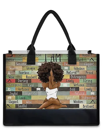 Retro Canvas Tote Bag Large Capacity Shoulder Handbag Printed Black Trim Top Handle Purse For Everyday Women
