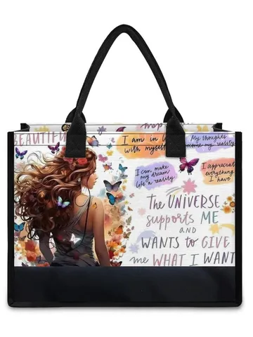 Cartoon Black Girl Canvas Tote Bag Large Capacity Black Trim Shoulder Bag Polyester Lining Daily Travel Handbag For Women