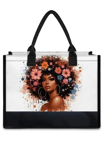 Borsa Tote in Tela Vintage da Donna Grande Capacità Stampata Ragazza Nera Cartone Animato Floreale Borsa a Spalla Singola Borsa per la Spesa