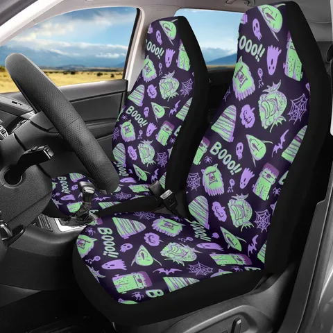 Halloween Monsters Ghost Pumpkin Printed Car Seat Covers Stretchable Polyester Spandex Knit Automotive Front Bucket Protector Guard Four Seasons Universal Interior Decor
