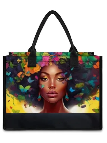 Artistic Black Girl Floral Print Canvas Tote Bag Large Capacity Waterproof Shoulder Bag With Zipper Pocket For Women