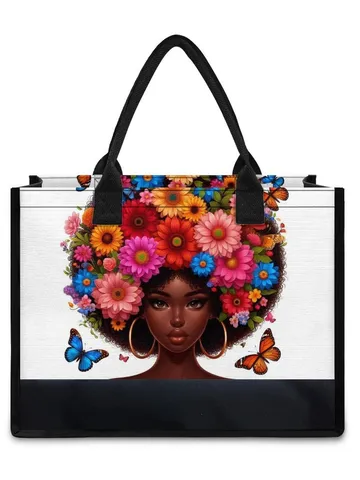 Borsa Tote in Tela Vintage da Donna Grande Capacità Stampata Ragazza Nera Cartone Animato Floreale Borsa a Spalla Singola Borsa per la Spesa