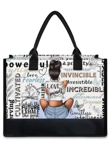 Retro Canvas Tote Bag Large Capacity Shoulder Handbag Printed Black Trim Top Handle Purse For Everyday Women