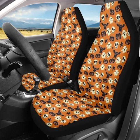 Halloween Monsters Ghost Pumpkin Printed Car Seat Covers Stretchable Polyester Spandex Knit Automotive Front Bucket Protector Guard Four Seasons Universal Interior Decor