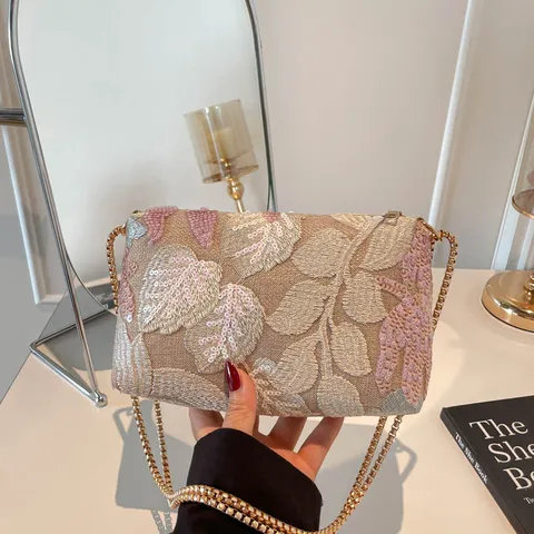 Dames Bohemian Geborduurde Pailletten Schoudertas Elegante Stof Enveloppe Clutch Met Metalen Ketting Mode Feest Handtas